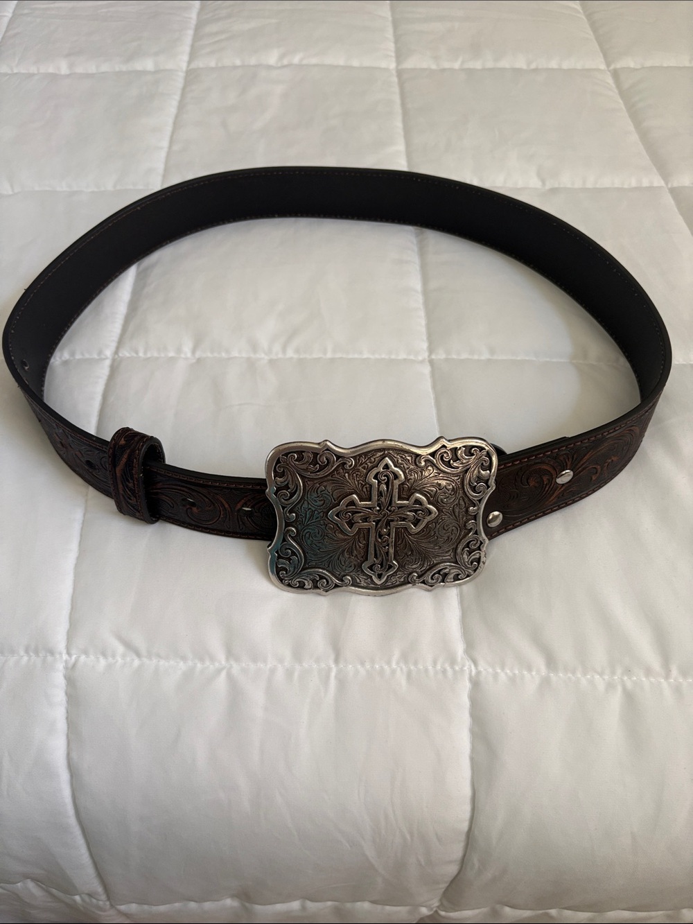 Unisex Brown Embossed Leather Belt with Ornate Silver Cross Buckle 39”
